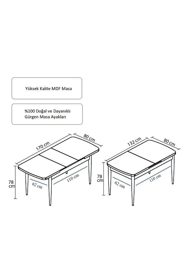 Luna Serisi, 80x132 Açılabilir Mdf Mutfak Ve Yemek Masası Takımı 6 Adet Kahve Sandalye - 4