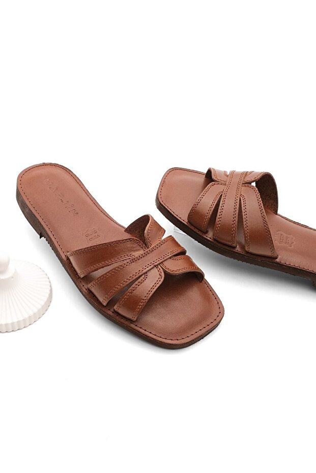 Women's Genuine Leather Eva Sole Daily Slippers Large Tan
