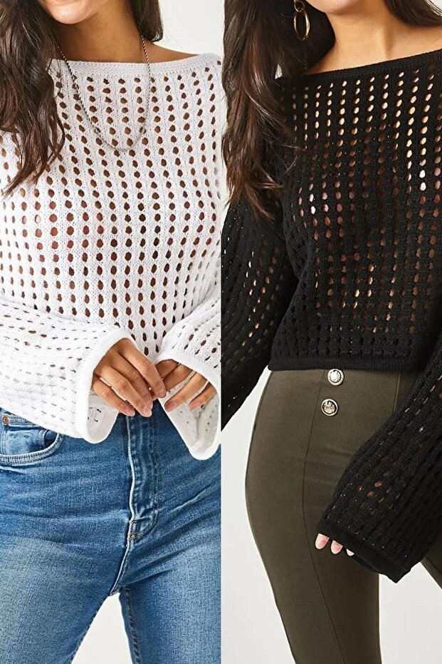 Women's Black-White 2-Pack Spanish Sleeve Wide Collar Openwork Loose Hole Crop Knitwear Blouse
