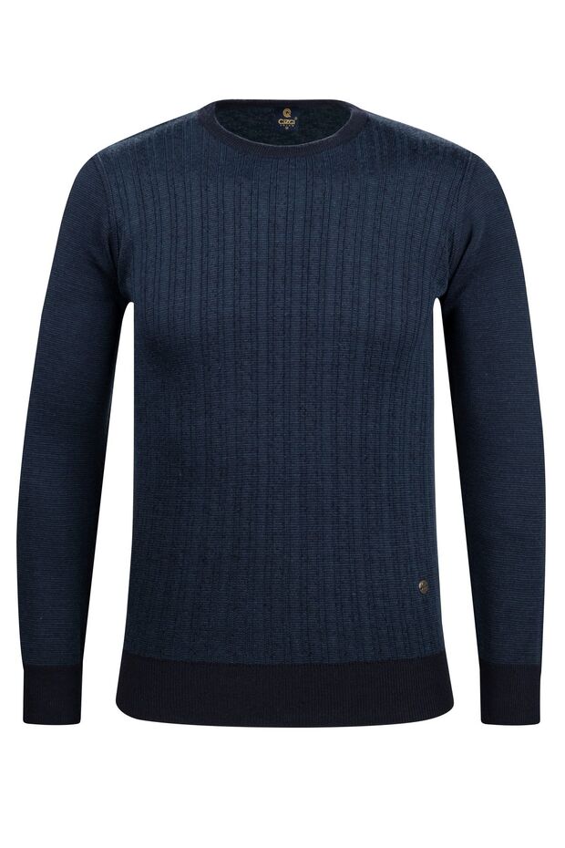 Men's Crew Neck Knitwear Navy Blue Sweater Patterned Steel Knit Classic Fit - 5005C