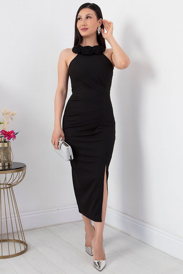 Gül Detay Yırtmaçlı Krep Elbise NY4264 - 3