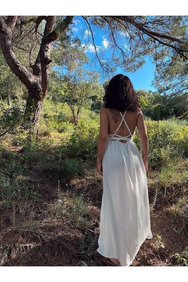 Bohem helen modeli,askılı,örgü ipli,yırtmaçlı elbise - 2