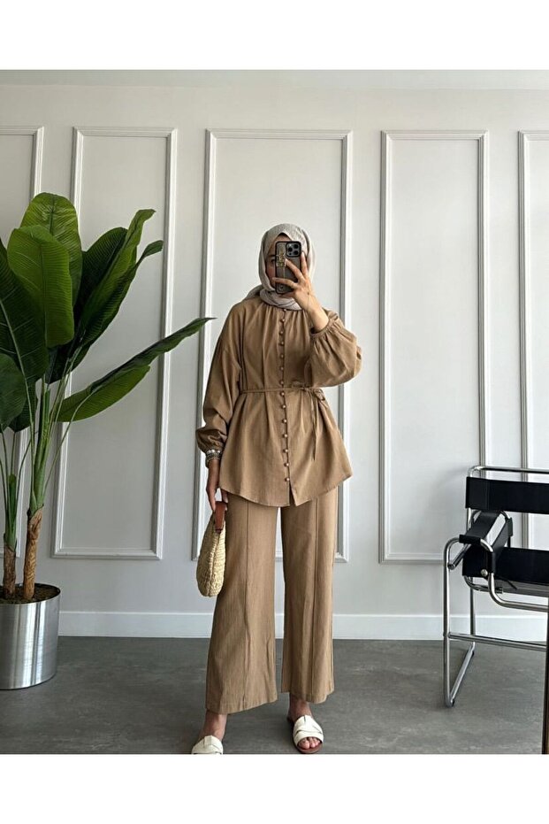 طقم حجاب فاخر من الكتان بحزام - 1