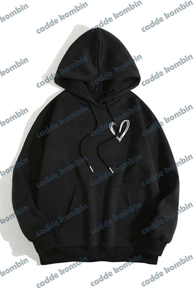 Unisex Black Heart Printed Oversize Hoodie
