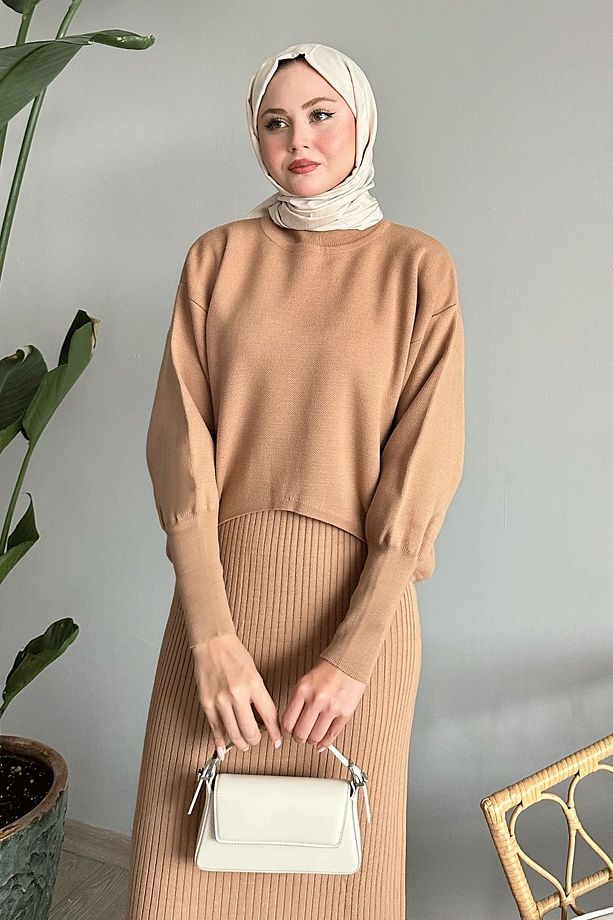 Balon Kollu Elbiseli Camel Triko Takım - 5