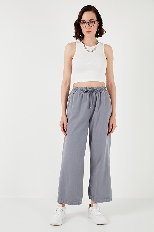 Pamuklu Belden Bağlamalı Yüksek Bel Geniş Paça Cepli Regular Fit Pantolon Pantolon 668yp4 - 1
