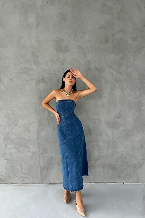 Light Blue Zippered Strapless Denim Dress