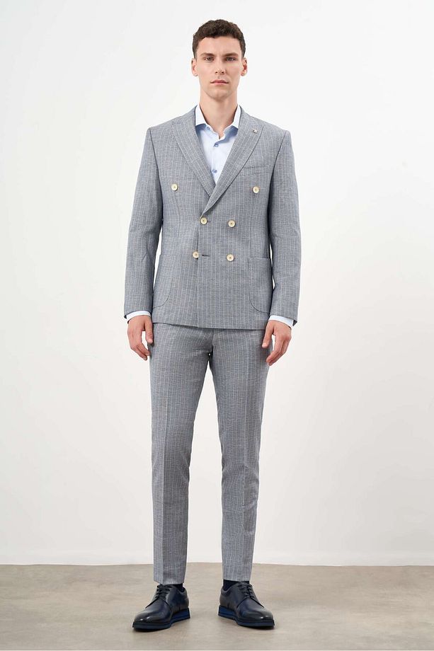 Erkek Lacivert Keten Trend Kruvaze Slim Fit Sivri Yaka Takım Elbise - 3