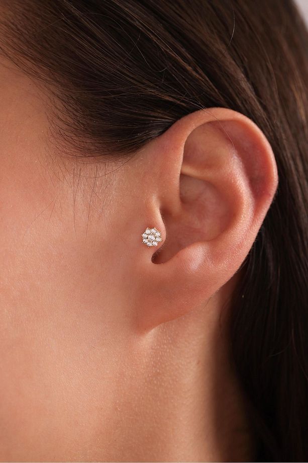 14 Ayar Altın Çok Taşlı Çiçek Tragus Küpe - 1