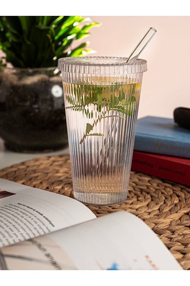 600 ml Kapaklı Pipetli Origami Mika Bardak - Cam Pipetli Kahve ve Meşrubat Bardağı - 1