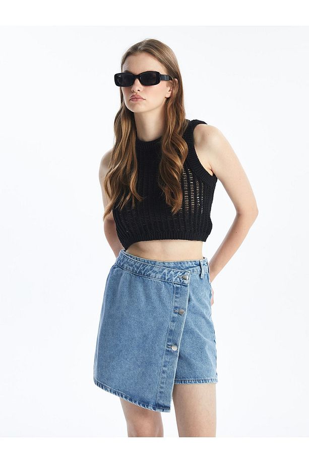 N009064 - Düz Mini Denim Şort Etek - Açık Mavi - 2