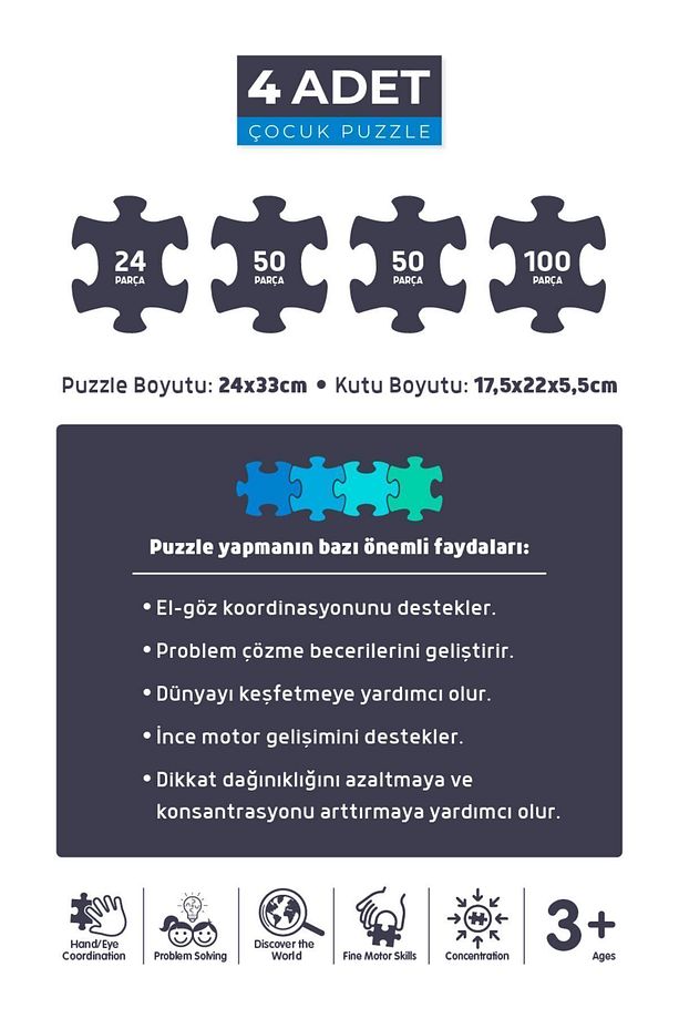 4'lü Çocuk Puzzle - 24 P. Sevimli Dinozorlar Ve Otobüs Ve 100 P. Gezegenler Ve 50 P. Sonbahar Ormanı - 6