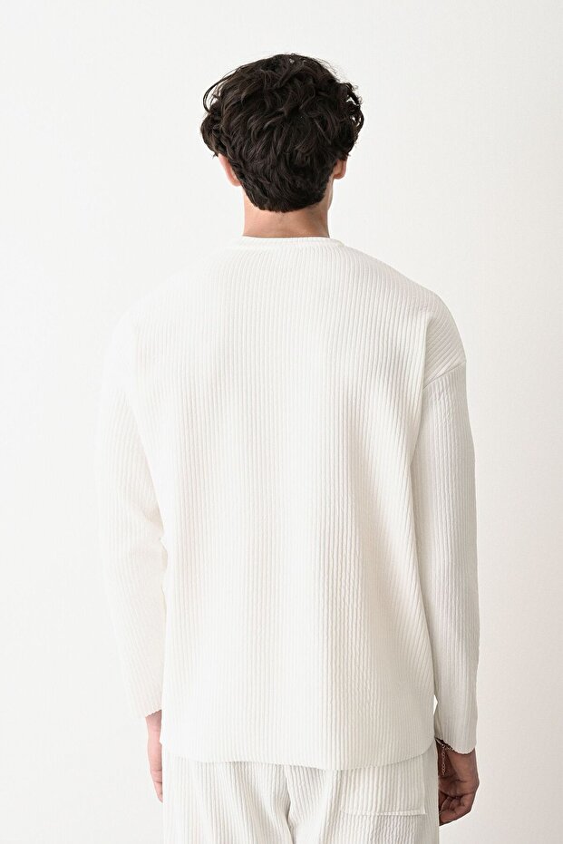 Erkek Oversize Ekru Fitilli Sweatshirt - 4