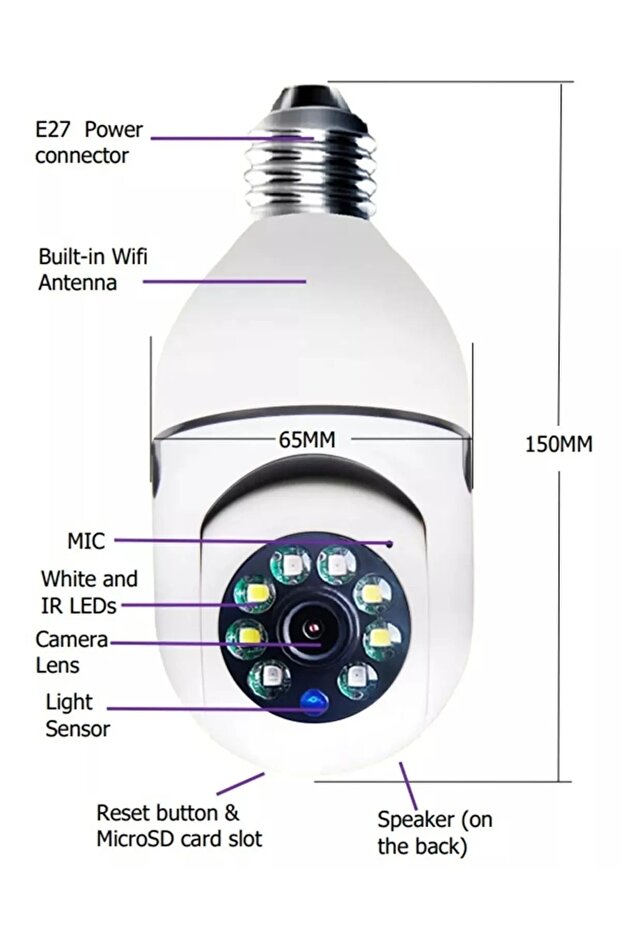 Solution tech WiFi 360 Led Ampul Kamera Kablosuz Gece Görüş Çift Yönlü Ses Akıllı Hareket Algılama - 4