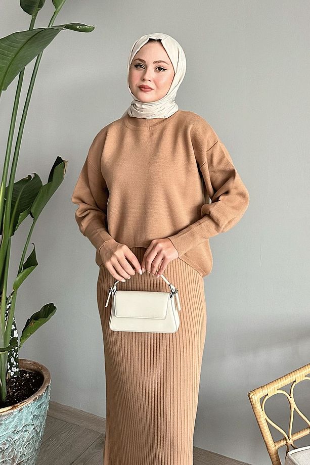 Balon Kollu Elbiseli Camel Triko Takım - 3