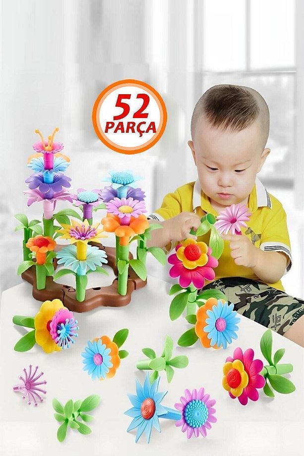 52 Parça Bahçe Çiçek Yapım Seti Yapı Blokları Yapboz Bul Tak Puzzle Eğitici Oyuncak Çiçek Bahçesi - 1
