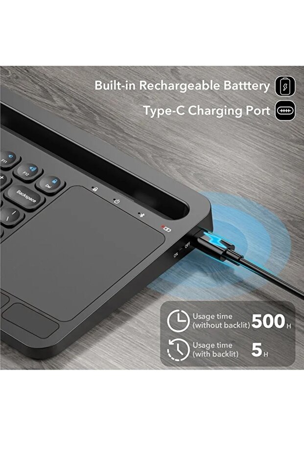 Kablosuz Bluetooth Touchpad Klavye Standlı Şarjlı Taşınabilir Tüm Cihazlara Uyumlu Türkçe Q Klavye - 6