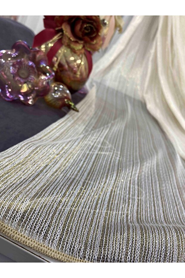 Rüyaper New Pattern Glitter Gold Yellow Striped Tulle Curtain 1/3 Tight Pleat