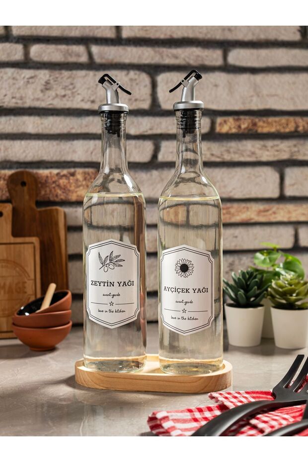 2-Piece Oil and Vinegar Bottle with Wooden Stand 750 ml Olive Oil Liquid Bottle Transparent Oil Pot Oil Pot