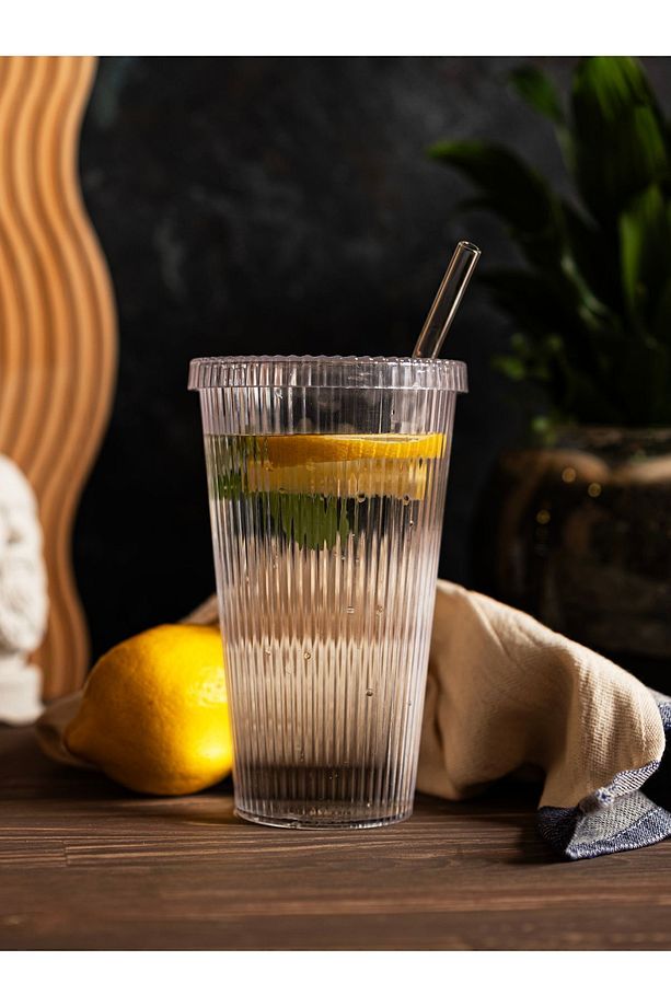 600 ml Kapaklı Pipetli Origami Mika Bardak - Cam Pipetli Kahve ve Meşrubat Bardağı - 1