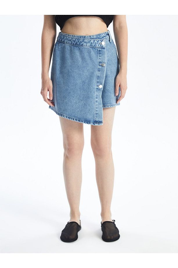 N009064 - Düz Mini Denim Şort Etek - Açık Mavi - 3