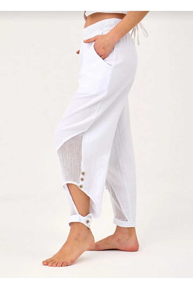 Women's Shalwar Trousers 100% Cotton Mesh Linen Woven Bohemian Style White Color
