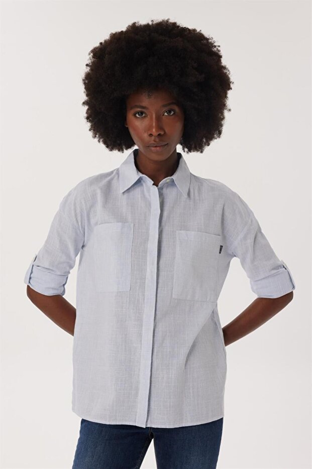 Mındy Kadın Dokuma Gömlek Mavi - 2