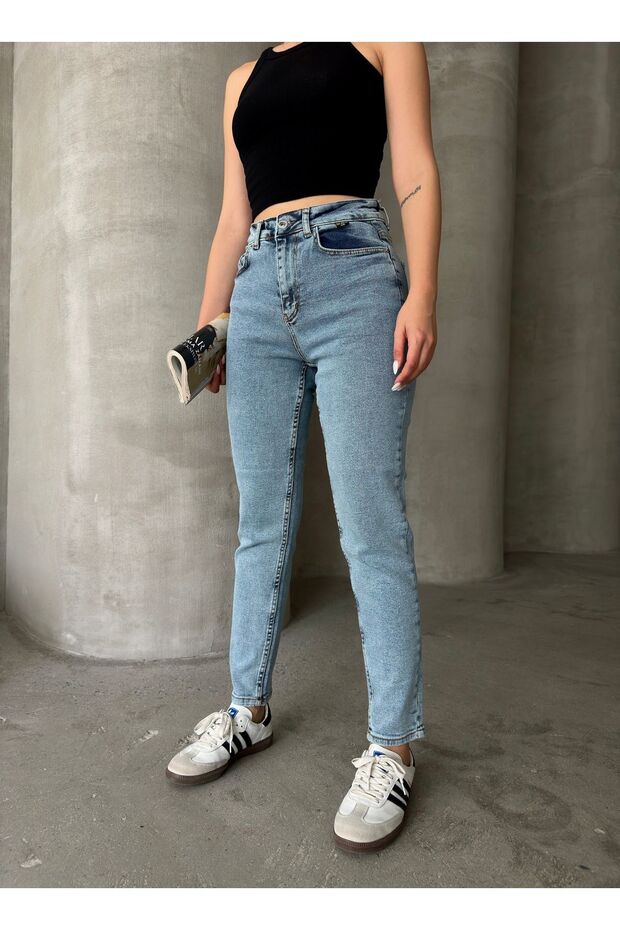 Women's Stone Washed Mom Jeans Pants Zyn-58718