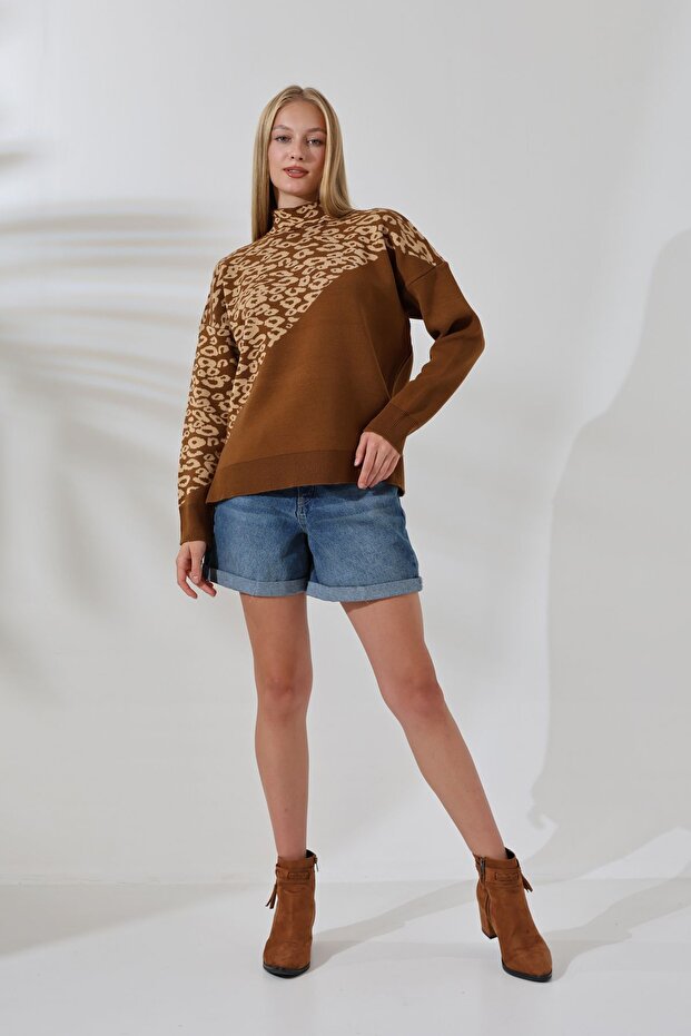 Half Turtleneck Long Sleeve Asymmetrical Leopard Print Stylish Winter Knitwear Sweater