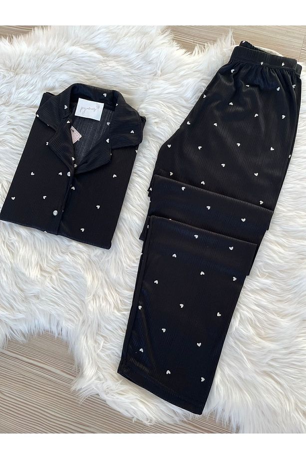 Siyah Kalp Desenli Pegasus Kısa Kol Pijama Takımı - 4