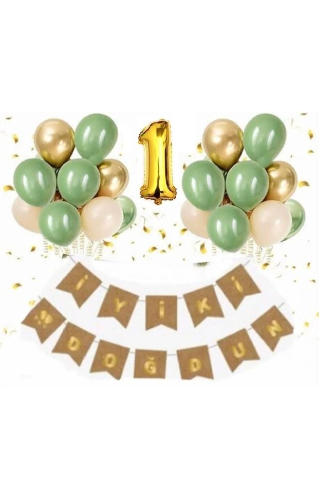 1 Year Old Kraft Gold Gilded Happy Birthday Banner Chrome Gold Mold Green Sea Sand Balloon Set