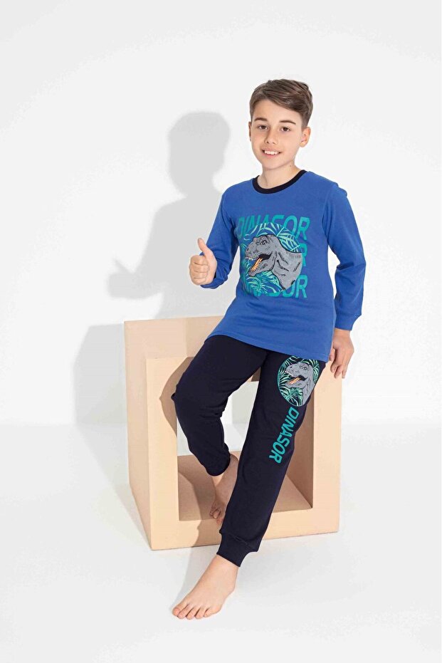 Boy's 100% Cotton Crew Neck Blue Black Dinosaur Print Long Sleeve Pajamas Set