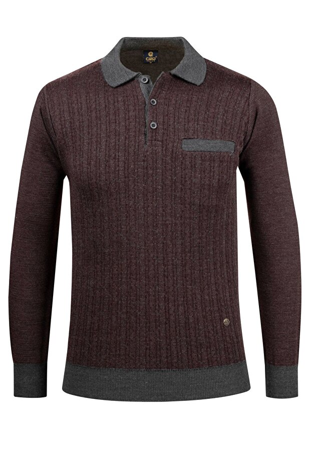 Men's Polo Neck Knitwear Anthracite Sweater Patterned Steel Knit Classic Fit - 5005F