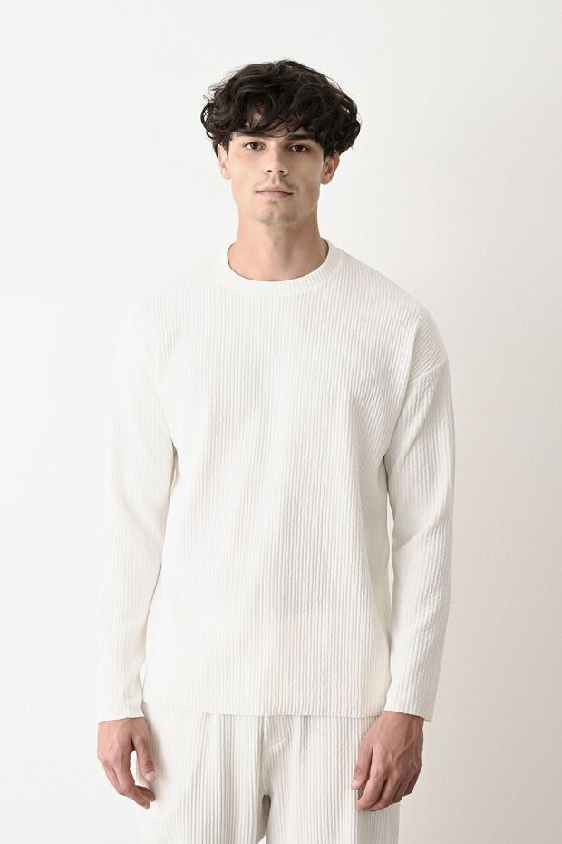 Erkek Oversize Ekru Fitilli Sweatshirt - 1