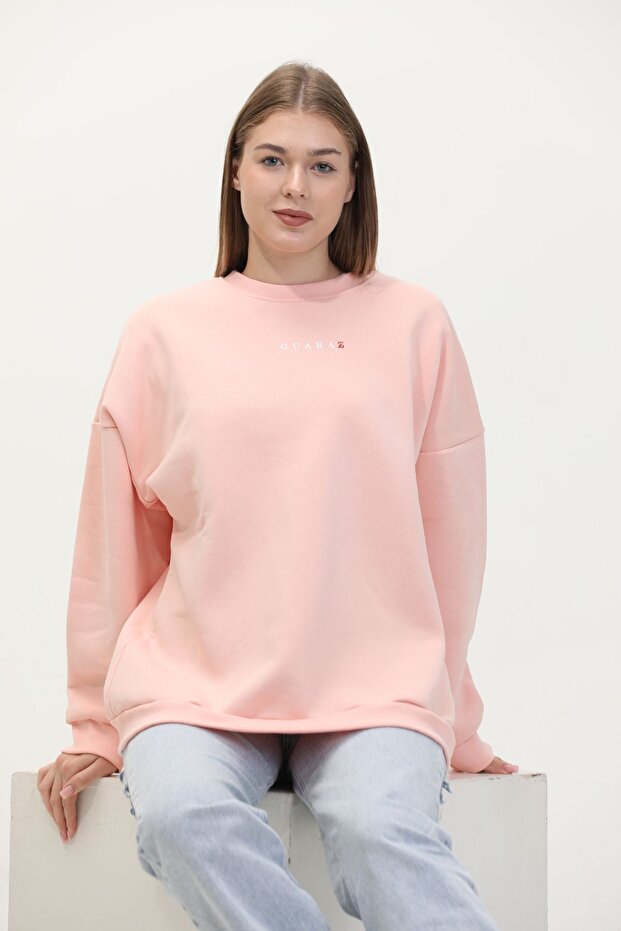 Toz Pembe Unisex Oversize Örme Basıc Sweatshirt - 5