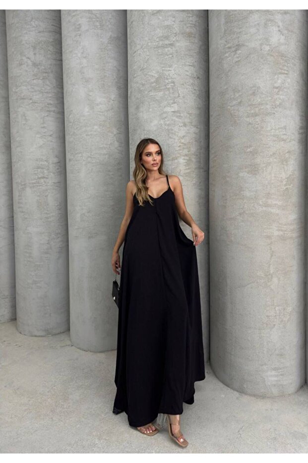 Aerobin Fabric Long Black Dress with Adjustable Straps