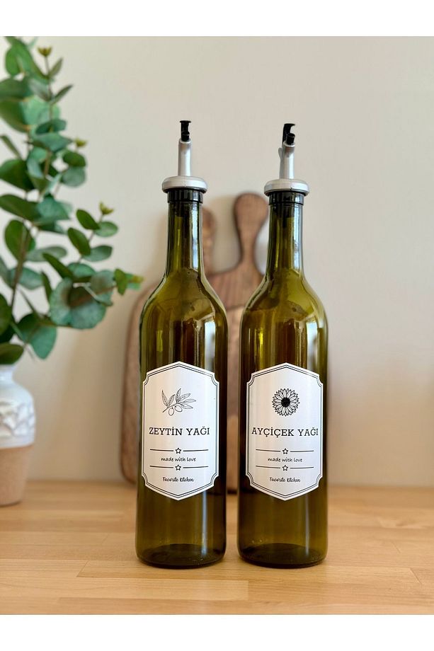 Ahşap Standlı 2'li Zeytinyağı Ve Ayçiçek Yağı 750 ml Yağdanlık - Yapay Çiçekli Set - 3
