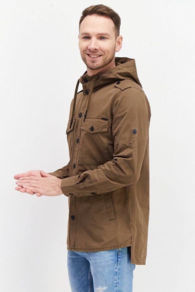 Men Solid Jacket Shirt, Khaki - 3