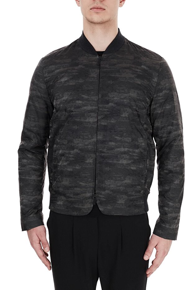 Men's Khaki Camouflage Patterned High Collar Coat with Pockets