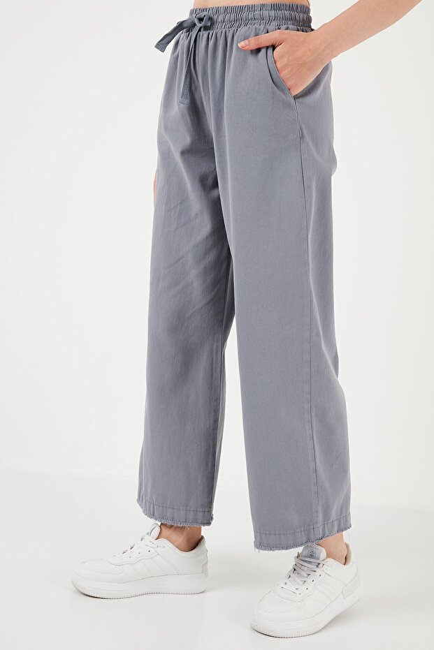 Pamuklu Belden Bağlamalı Yüksek Bel Geniş Paça Cepli Regular Fit Pantolon Pantolon 668yp4 - 3