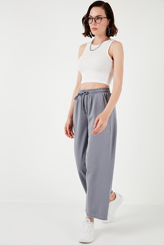 Pamuklu Belden Bağlamalı Yüksek Bel Geniş Paça Cepli Regular Fit Pantolon Pantolon 668yp4 - 7