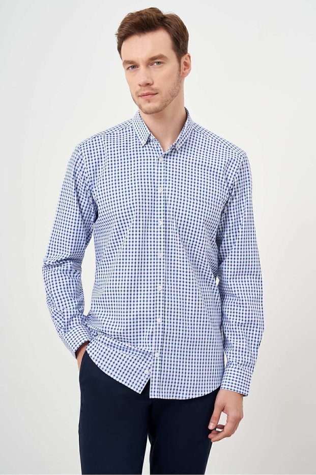 Men's Blue Cotton Pocketed Plaid Button Collar Regular Fit Shirt