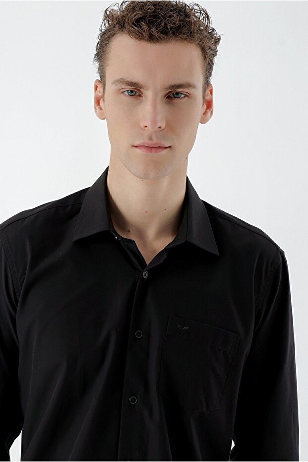 Erkek Siyah Basic Cepli Regular Fit Gömlek - 4