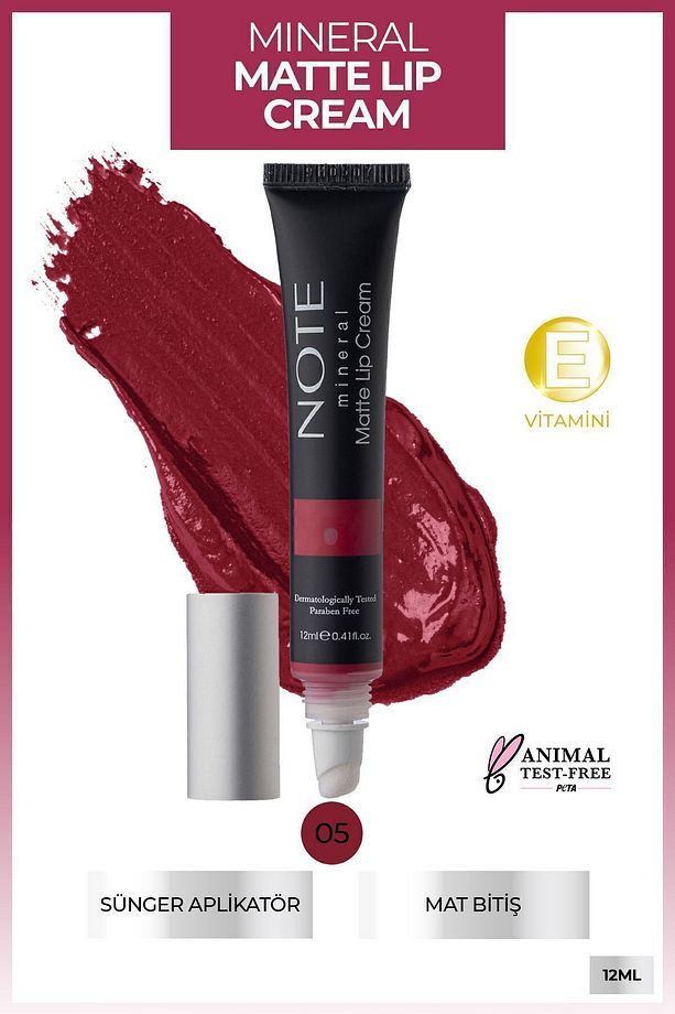 Mineral Matte Lip Cream Yarı Mat Bitişli Likit Ruj 05 Plum Wine - Kırmızı - 2