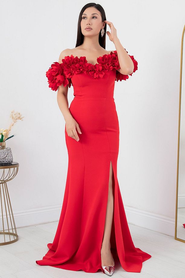 Gül Detaylı Yırtmaçlı Elbise ECR5368 - 6