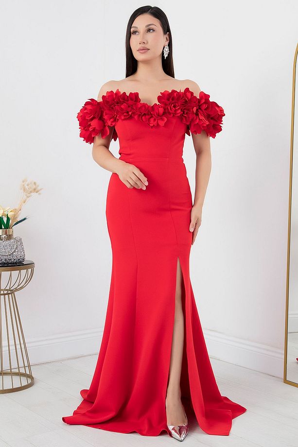 Gül Detaylı Yırtmaçlı Elbise ECR5368 - 5