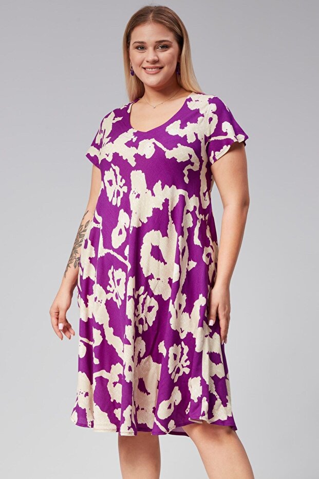Plus Size V-Neck Short Sleeve Woven Ethnic Pattern Viscon Comfort Dress Purple