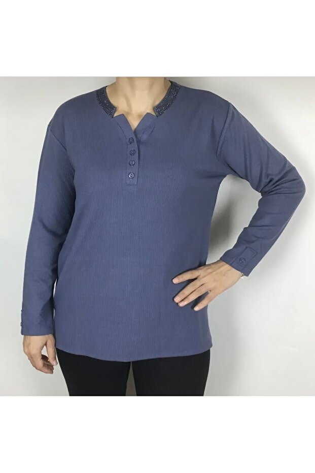 Sports Mother's Bluz with Stone Collar and Buttons