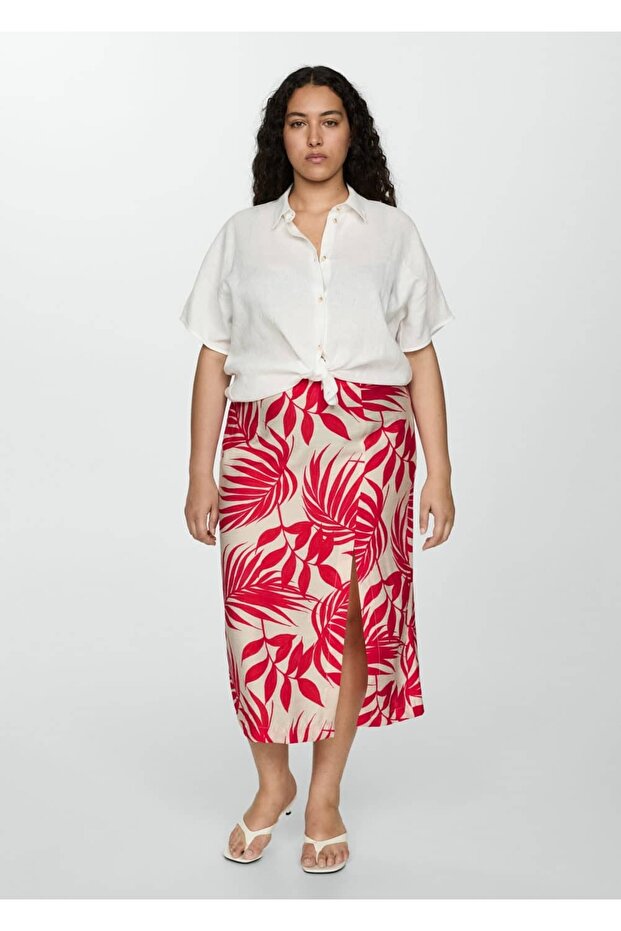 Desenli yırtmaçlı etek - 8