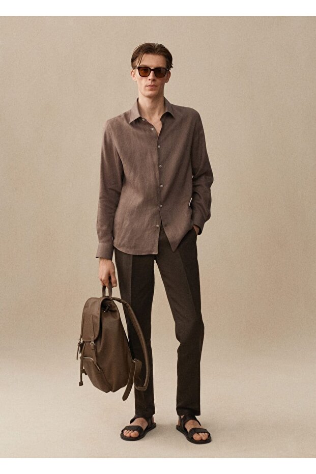 %100 Keten Regular Kesim Gömlek - 6